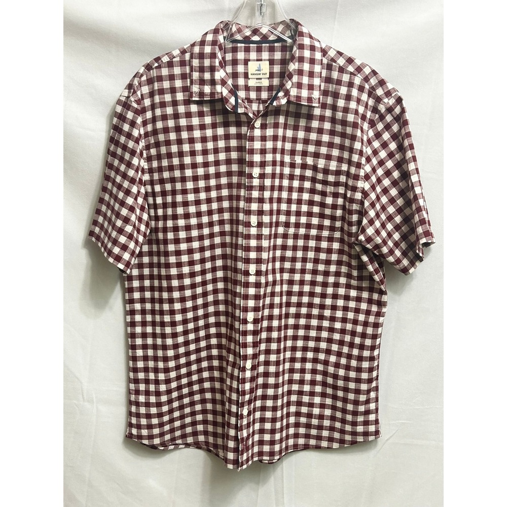 Johnnie-O Hangin' Out Mens XL Burgundy White Gingham Check Short Sleeve Shirt